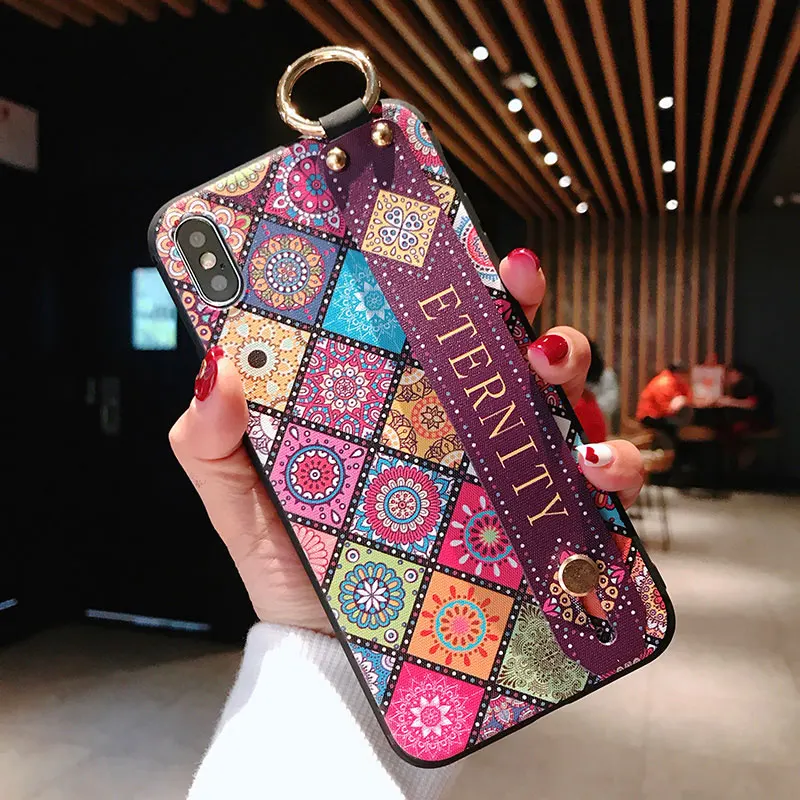 Wrist Strap Soft TPU Phone Case for iphone 7 8 6 6s Plus Case for iphone X Xs Max XR Luxury Vintage Flower Pattern Holder Case