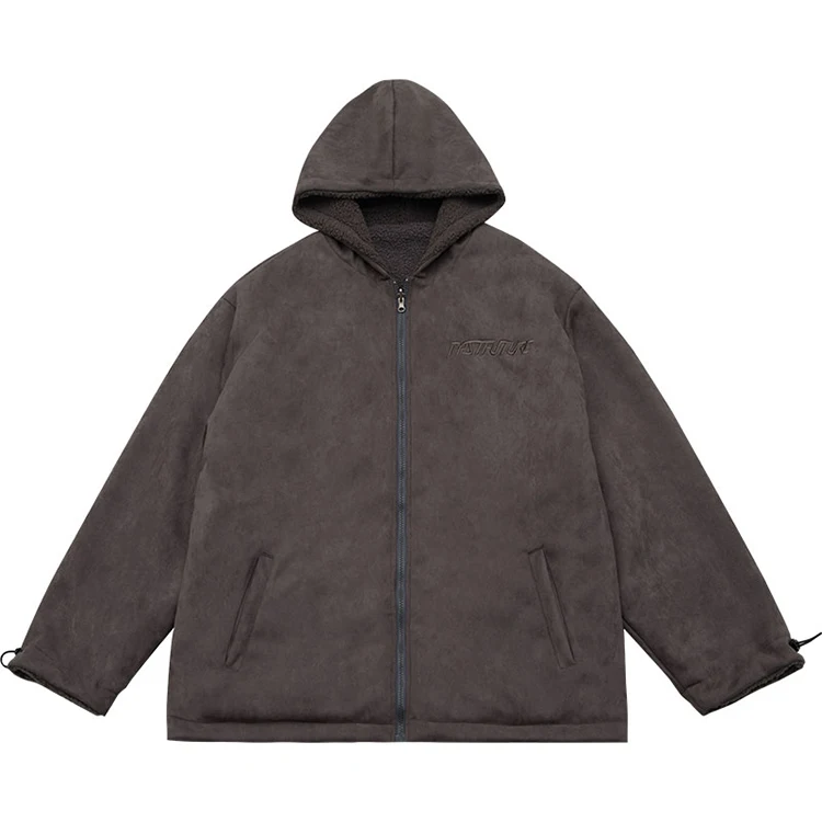 GRKC latest design reversible gray hooded oversized waterproof jackets suede and sherpa stitching winter coats