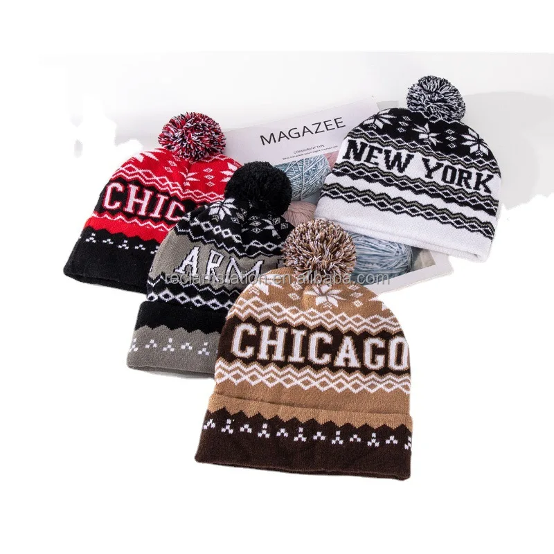 Custom Wholesale Logo Winter For Men Sports Team Knitted Rainbow Pompom Embroidered Bobble Pom Pom Hats Beanies