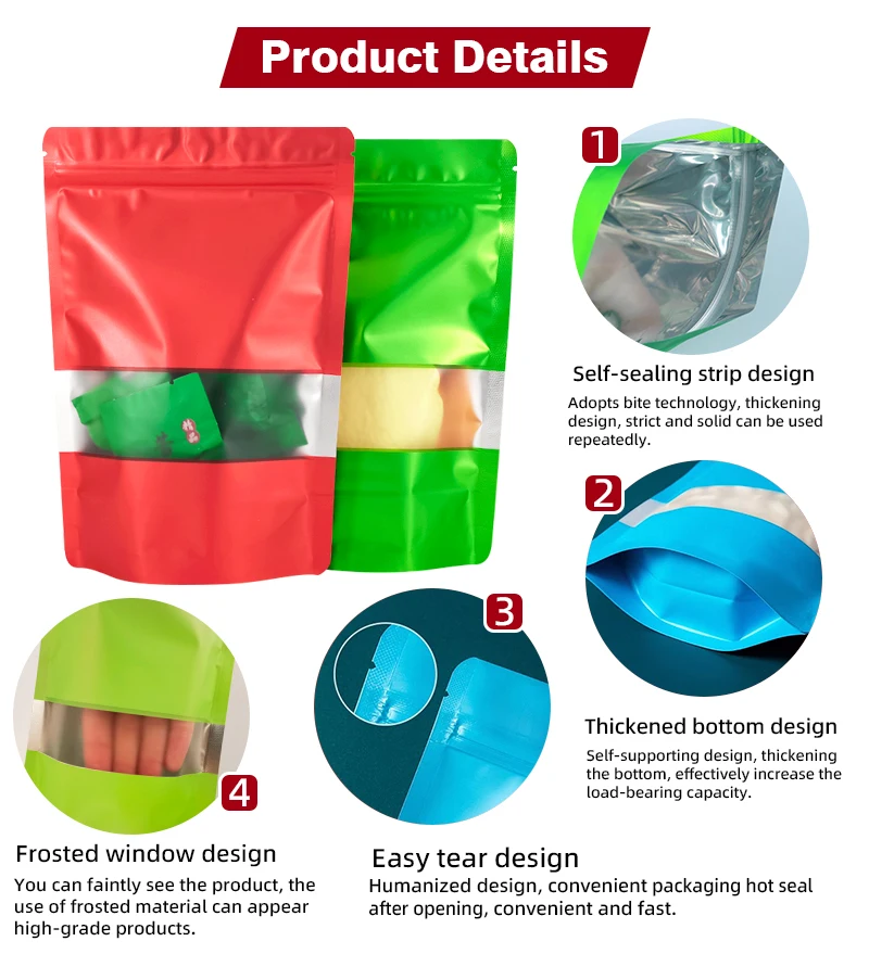 250g Reusable Sealed Colored Aluminum Foil Zipper Bag With Window Frosted Black Stand up Smell Proof Food Zipper Mylar Pouch