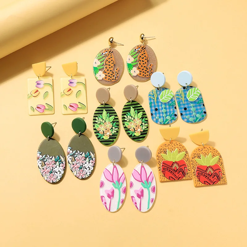 New Style Pink Green Resin Flower Custom Abstract Painted Faux Polymer Clay Acrylic Print Drop Earrings Statement Lot