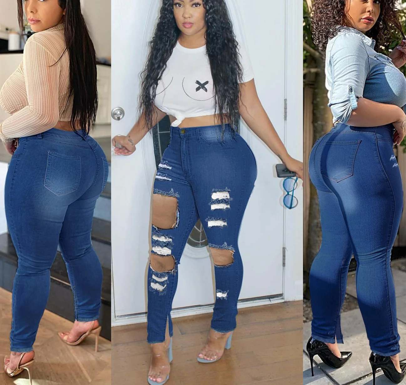 Fashion Women Long Pants Trendy Jeans With Big Holes Plus Size Jeans
