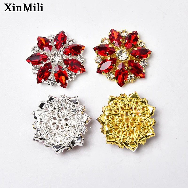 28mm Silver Gold Metal Inlaid Rhinestone Flower Button Flat Back Crystal Trim Buckle for Clothing Shoes Hair Accessories