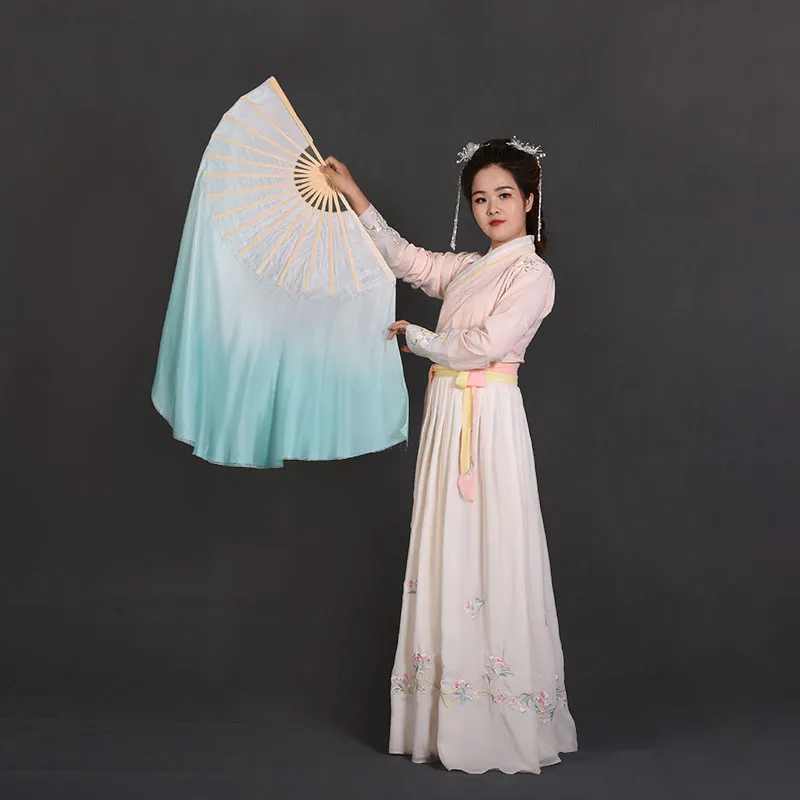 86cm(36cm Bamboo 50cm Veil) Real Silk Veil One Pair Bellydance Chinese Folk National Dancer Performance Props White Mint Light