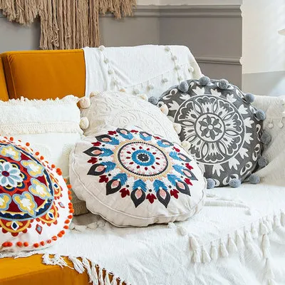 Bohemian Round Cushion Cover with Embroidery Ethnic Throw Pillow Cover for Sofa Couch Chair