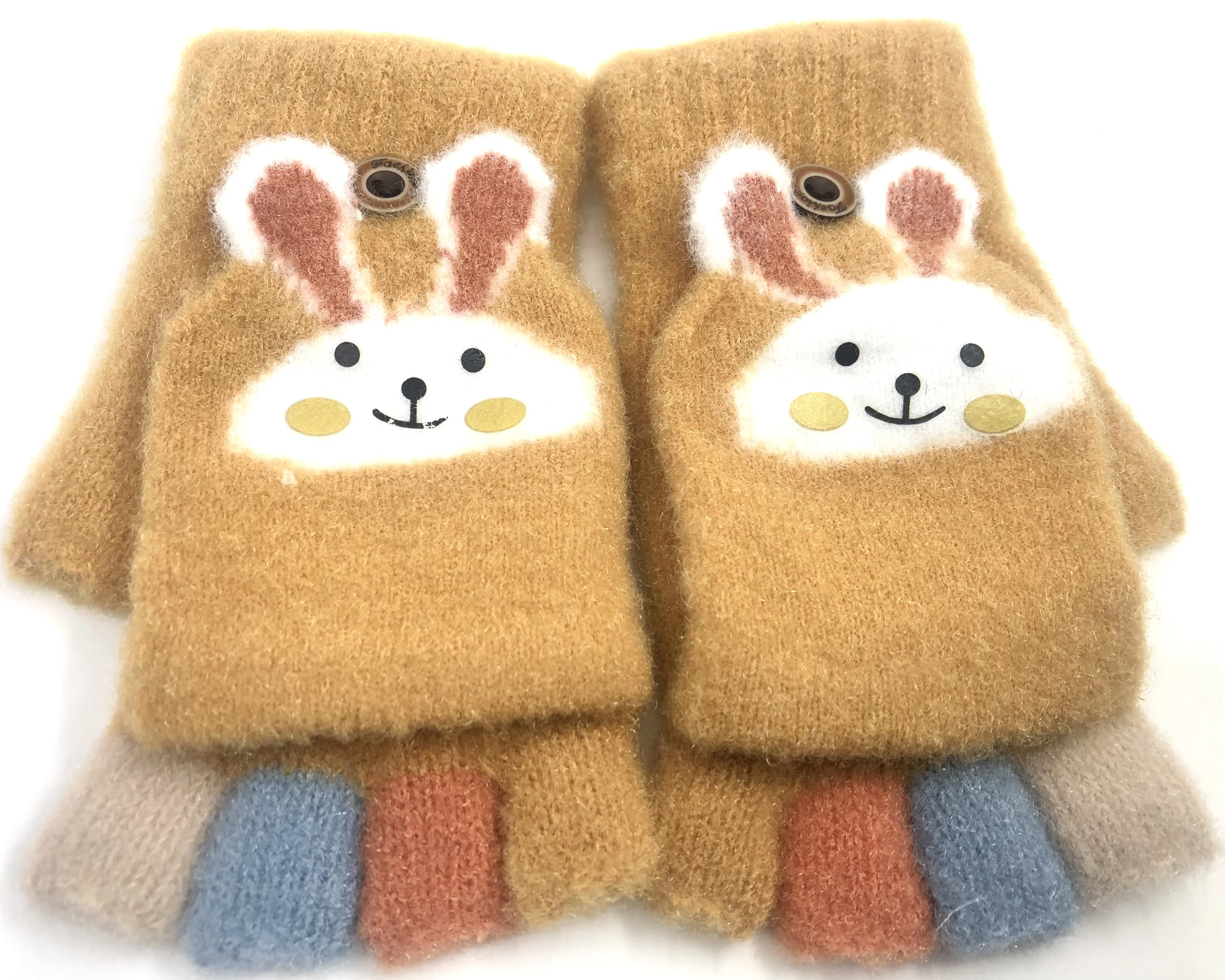 Factory Directly sale Half fingers with cap warm gloves ,cute rabbit jacquard gloves Low price Wholesale kids winter gloves