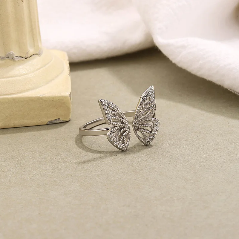 Factory Price Gold Plated Cubic Zirconia Hollow Butterfly Rings 925 Sterling Silver Women Adjustable Ring