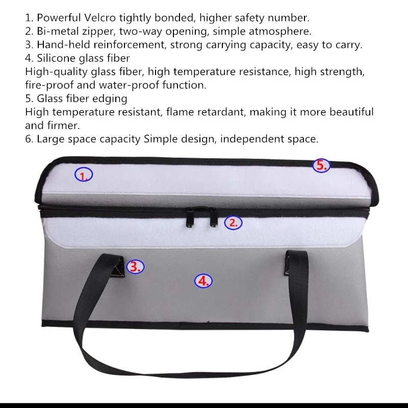 Battery Portable Fireproof ExplosionProof Lipo Safety Storage Bag Fire Resistant 465x95x175mm for eBike Battery Bag Organizer