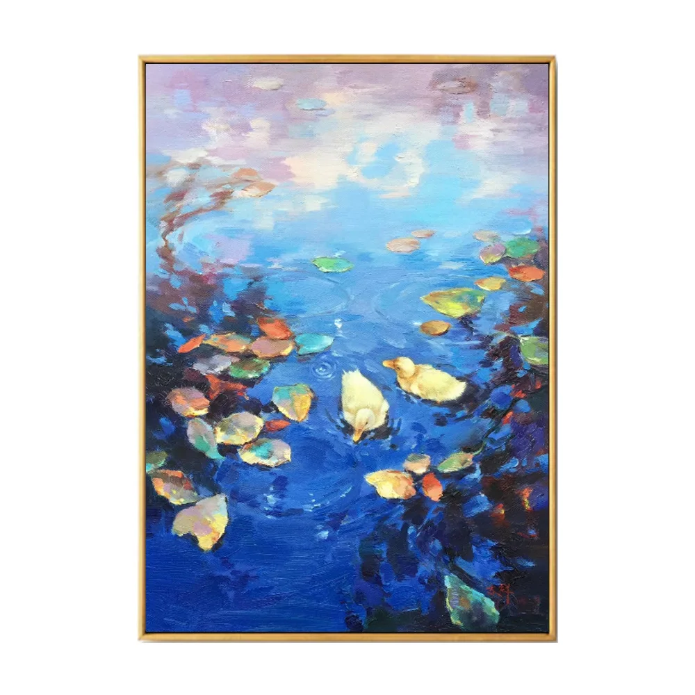 Hand-painted Landscape Oil Painting on Canvas Two Little Ducks Playing in the Sapphire Blue Lake Oil Painting for Wall Decor