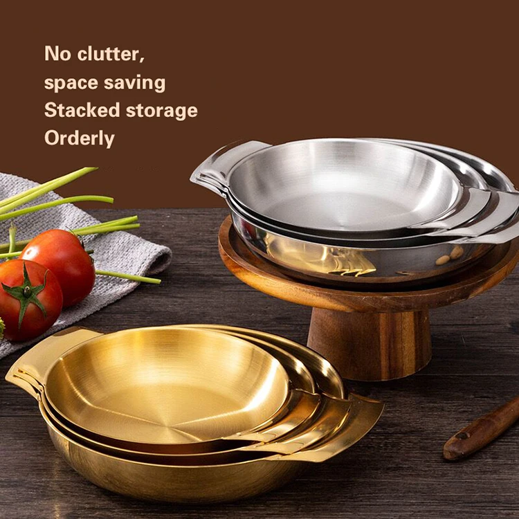 Korean cook pan paella pan stainless steel pot seafood dry pot double ears golden silver ramen pot