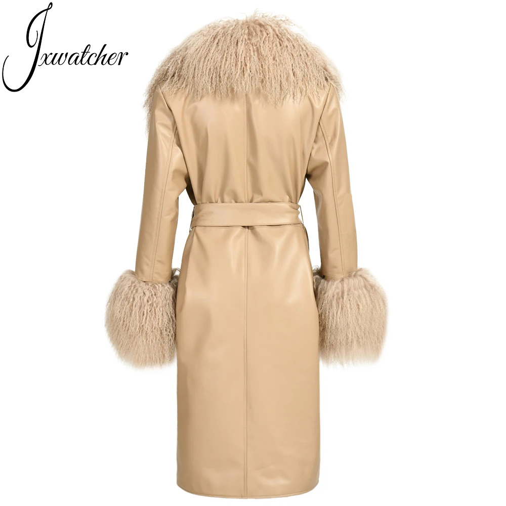 Оптовая продажа двубортное пальто из натуральной овчины с меховым воротником в монгольском стиле Осенний Тренч лацканами кожи мехом для женщин