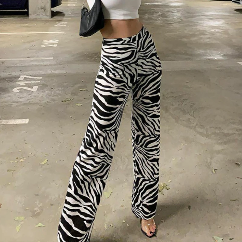 2021 Autumn Winter Fashion Female Printed  Zebra Casual Elastic Wide Leg Pant Elastic Long Trousers Women Pants