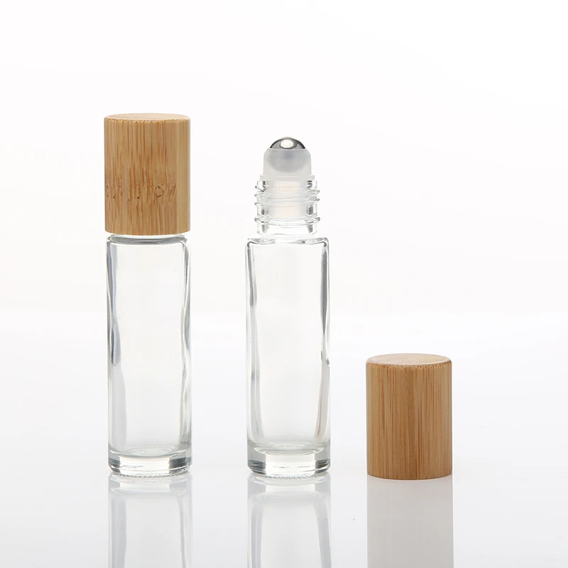 2020 New product 10ml clear oil glass roll on bottle with bamboo wood top roller ball cap