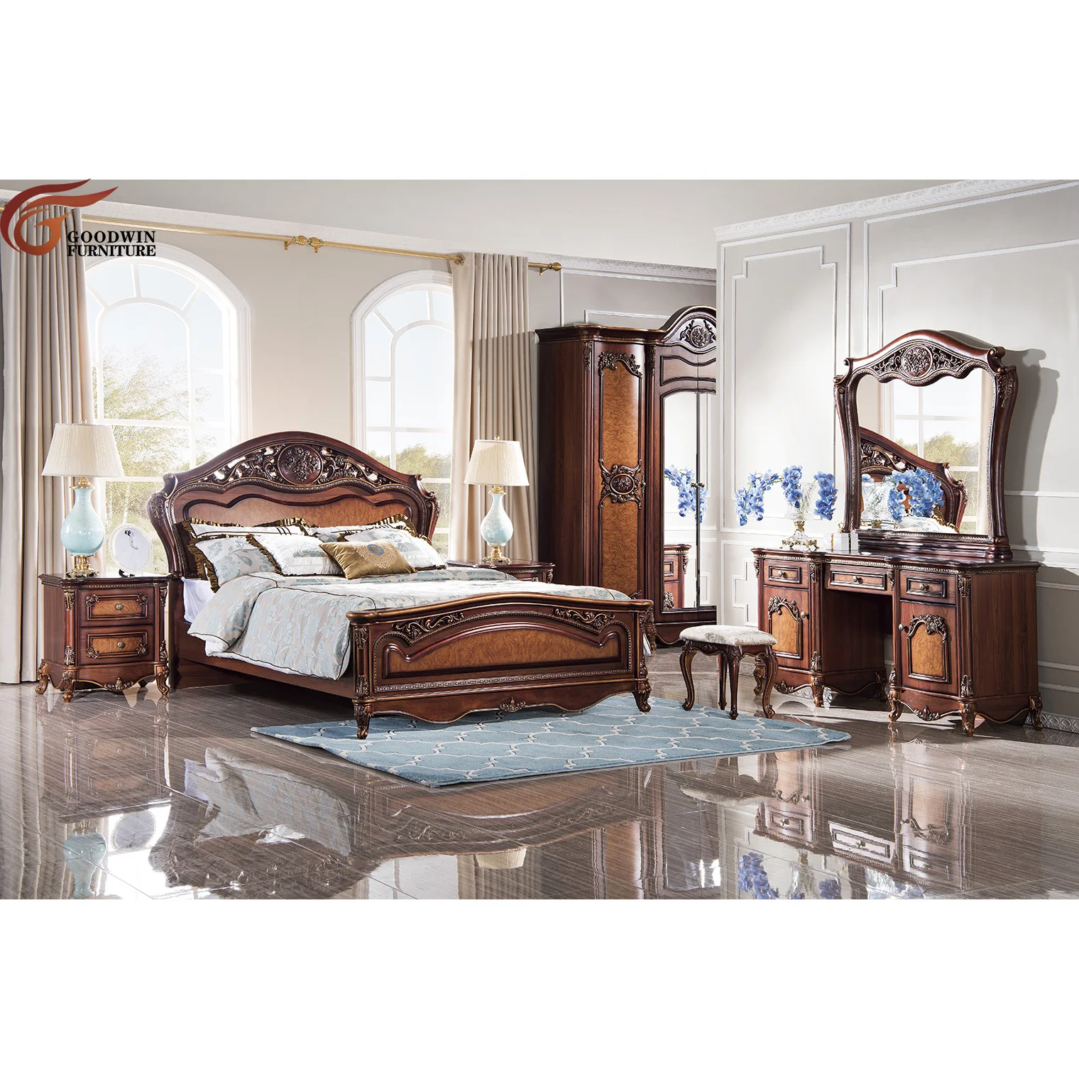 Professional Factory European Classic Style Bedroom Furniture Bedroom 4 Door Wardrobes King Size Bedroom Sets GD18