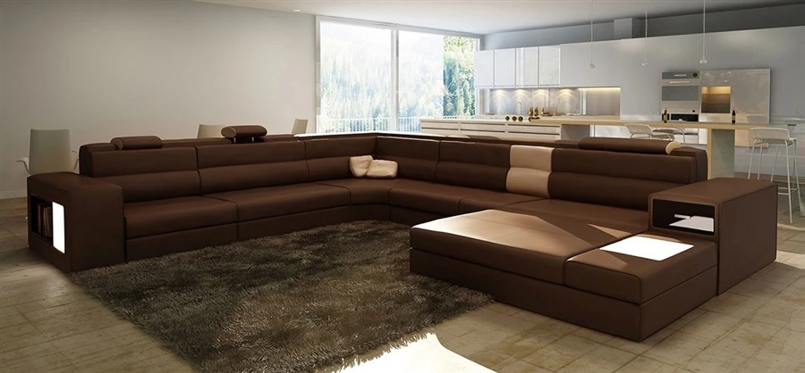 Luxury Design U Shaped Genuine Leather Wooden Modern Sofa Set With Headrest Waist-Rest