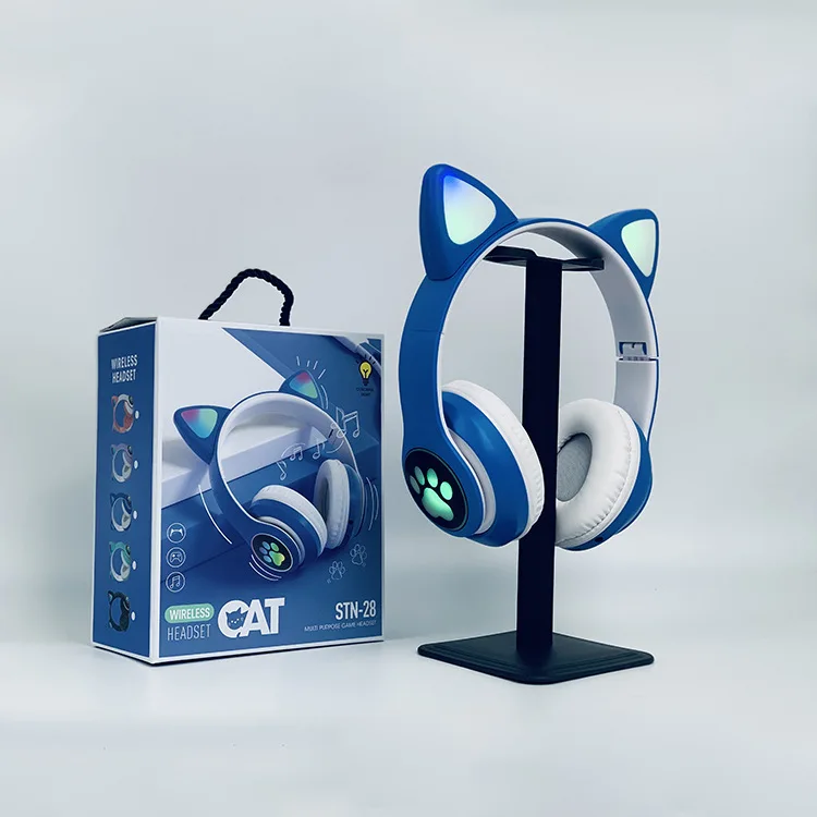 2022 trending products stn-28 christmas gift headphone cat ears wearing BT 5.0 light LED macaron colors wireless headphone