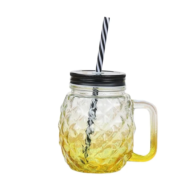 Recycled 480ml ball shaped pineapple embossing empty ice cold drink glass mason jar with handle glass beer mug