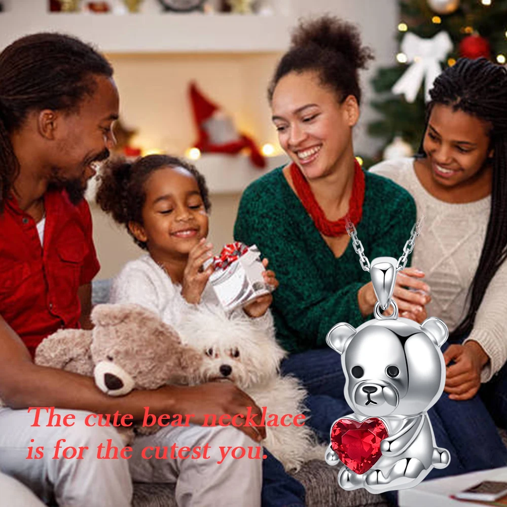 
New Fine Jewelry Zircon Red Love Heart Diamond 925 Sterling Silver Teddy Bear Pendant Necklace 