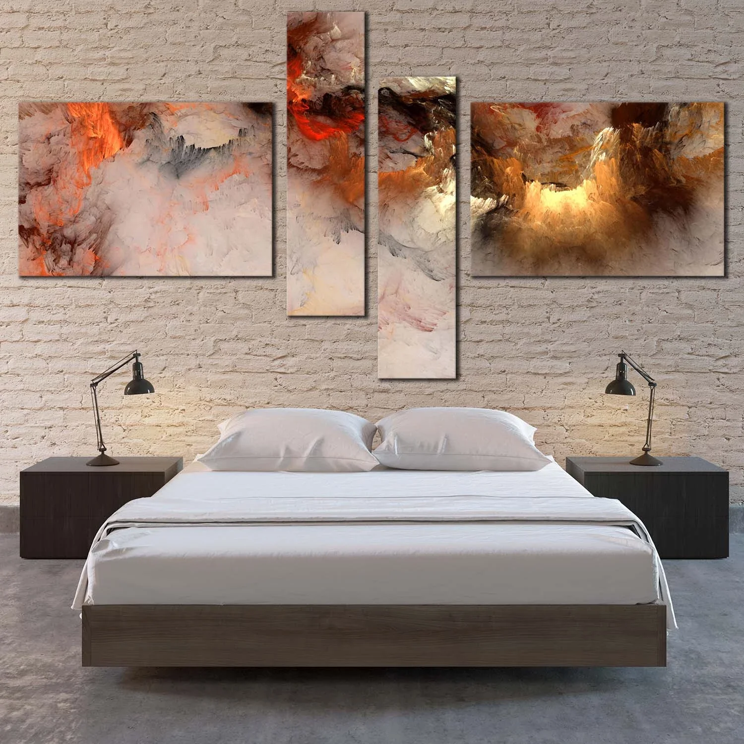 Modern Abstract Canvas Wall Art, Orange White Smoke Texture Abstract 4 Piece Canvas Print, Embossed Fractal on Canvas Set