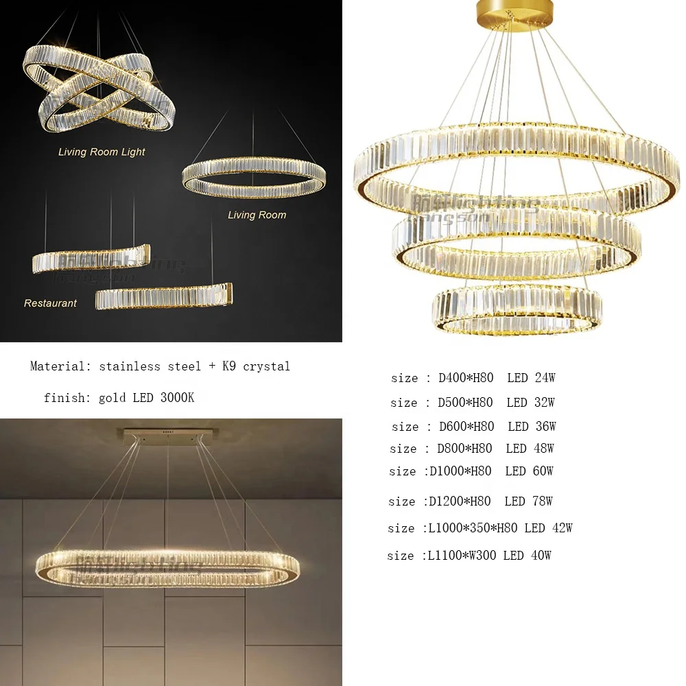 Modern simple circular LED circular crystal chandelier circle dining room stainless steel cable lamp