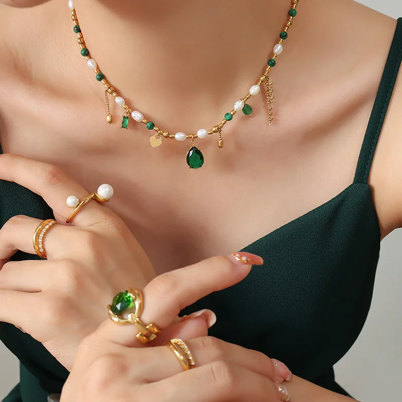 Freshwater Pearl Bead Natural Stone Jade Charm Pendant k18 Gold Bling Necklace