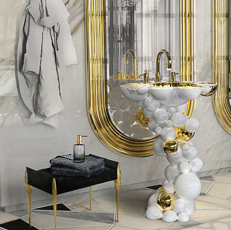 Stainless steel pedestal table top black designer art golden hand bathroom wash basin with pedestal