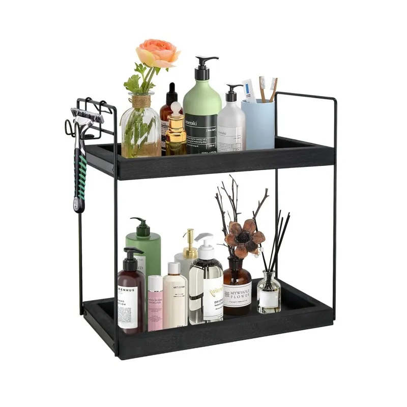 American Style 2-Tier Rustic Wooden Spice Rack Double Tray Kitchen Countertop Organizer Shelf Easy Standing Bathroom Use