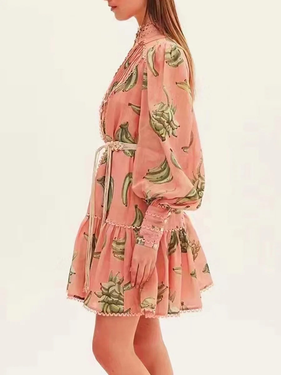 2023 Grace Ladies Casual Patchwork Lace Cutout Ruffle Mini Ladies Dress Hawaiian Plantain Pattern Elegant Casual Dress