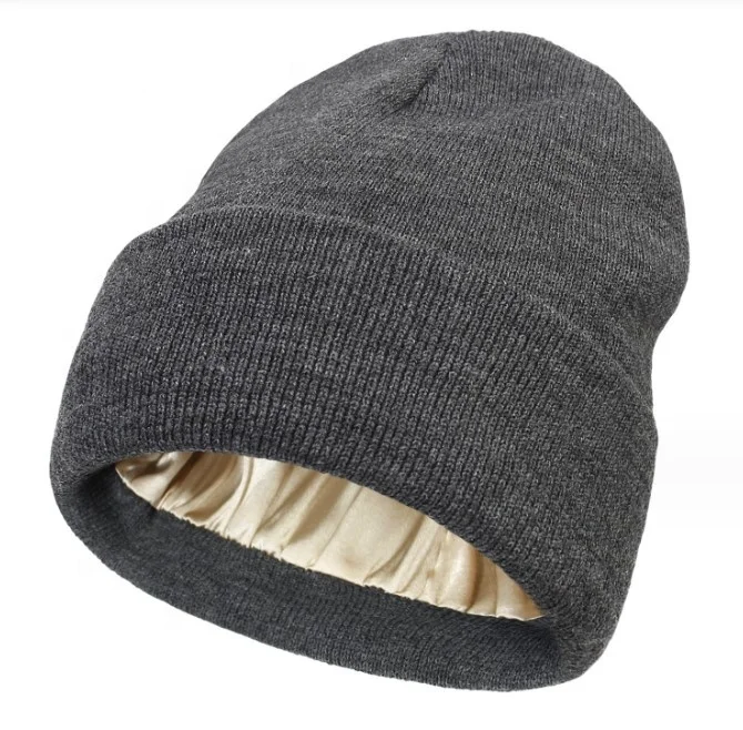 2023 Custom warm knitted silk lined beanie hat Low MOQ Y2K multiple colour Warm jacquard custom satin beanie