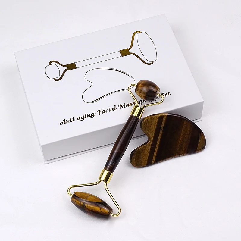 
Top Popular Natural jade gua sha massage tool tiger eye stone jade roller Gua Sha Set with Box 