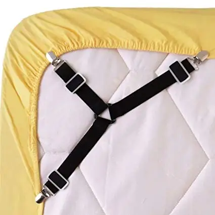Solid White and Black Blue Bed Sheet Suspenders with Metal Clips and Adjusters