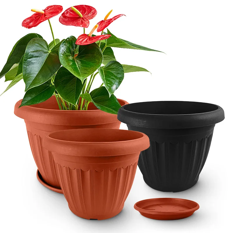 Factory Price PP Big Terracotta Black Wholesale Flower Pots Large Outdoor Planters Plastic Plant Pots with Trays Saucer