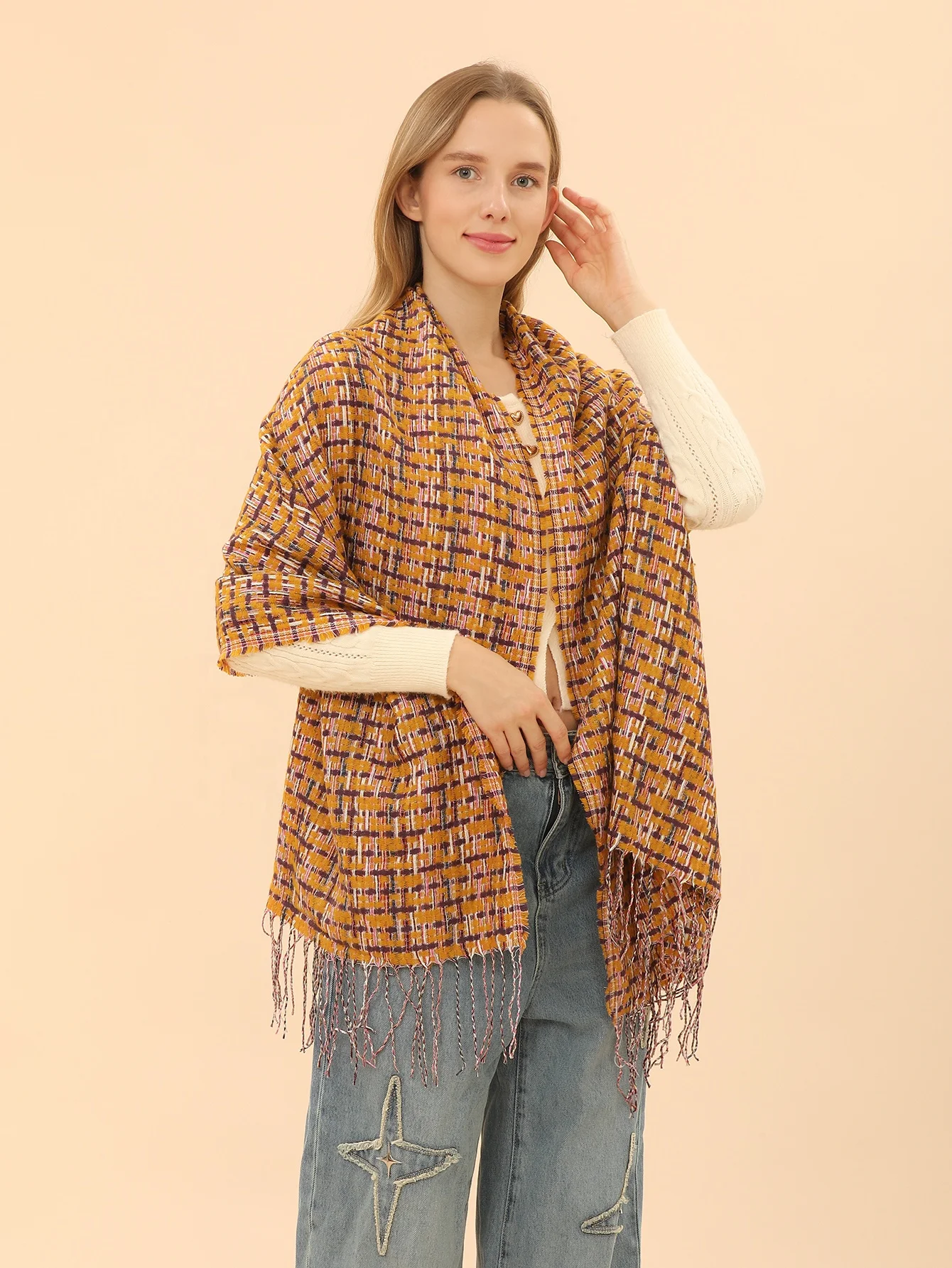 Fashion Plaid Print Soft Luxurious Viscose Ladies Ethnic Scarves And Shawls