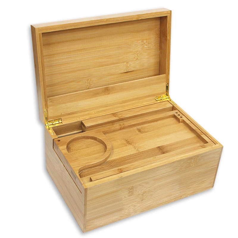 Bamboo custom logo portable natural wood stash box with tray