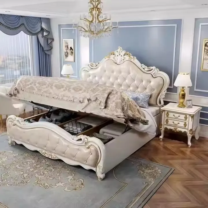 European Luxury Bedroom Storage Bed Frame King Size Bed Frame Solid Wood Princess Double Queen Size White Bed