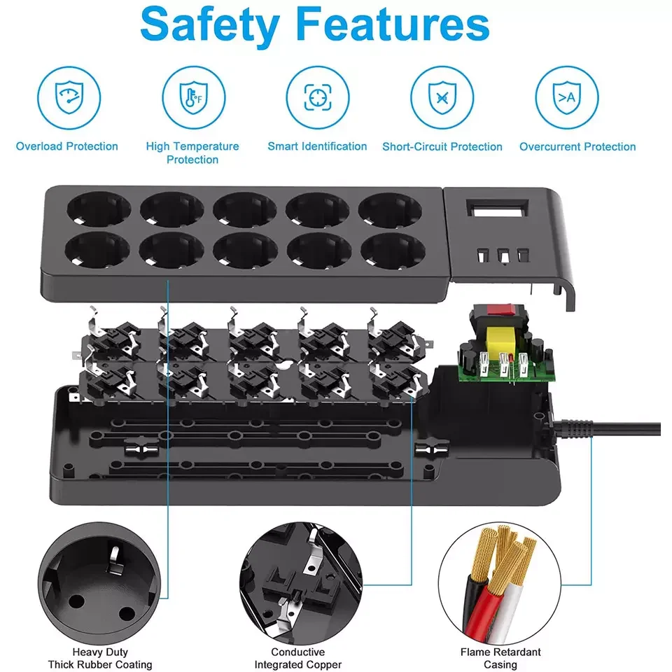 Good Quality Multi-Function Table USB Power Outlet Socket Desk Furniture Drawer Socket 10 Socket 3 USB Switches Power Strip