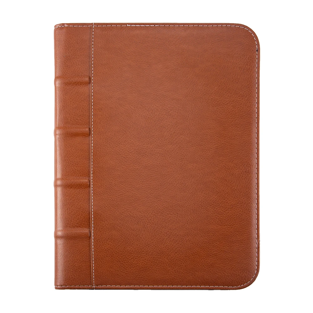 Fashion Leather Business Folder Portfolio Bag A4 Brown File Folder Organizer Full Zipper Closure Padfolio