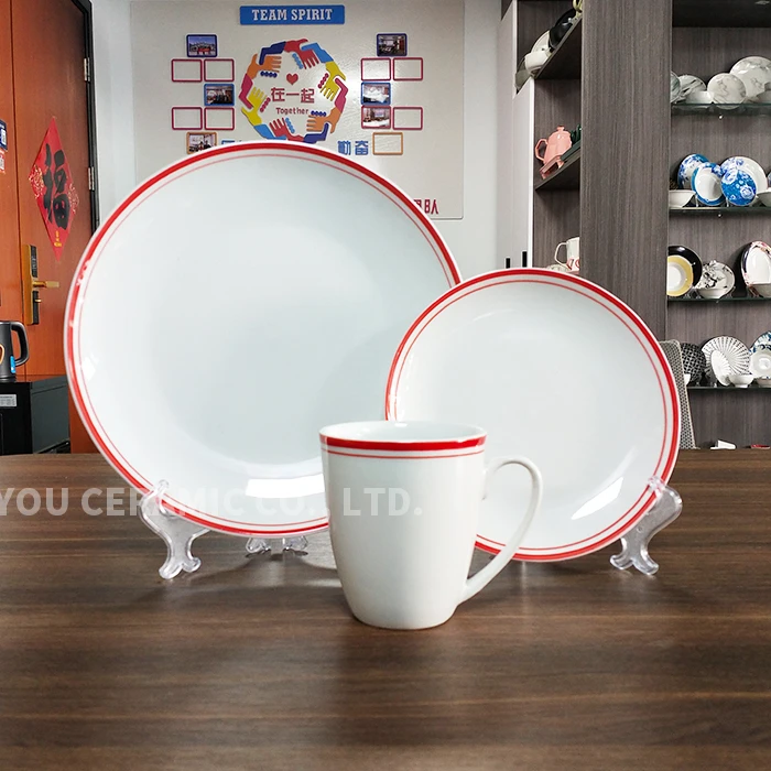 Wholesale  ceramic dinnerware 16pcs with red  line hand painted porcelain tableware  plate and bowl