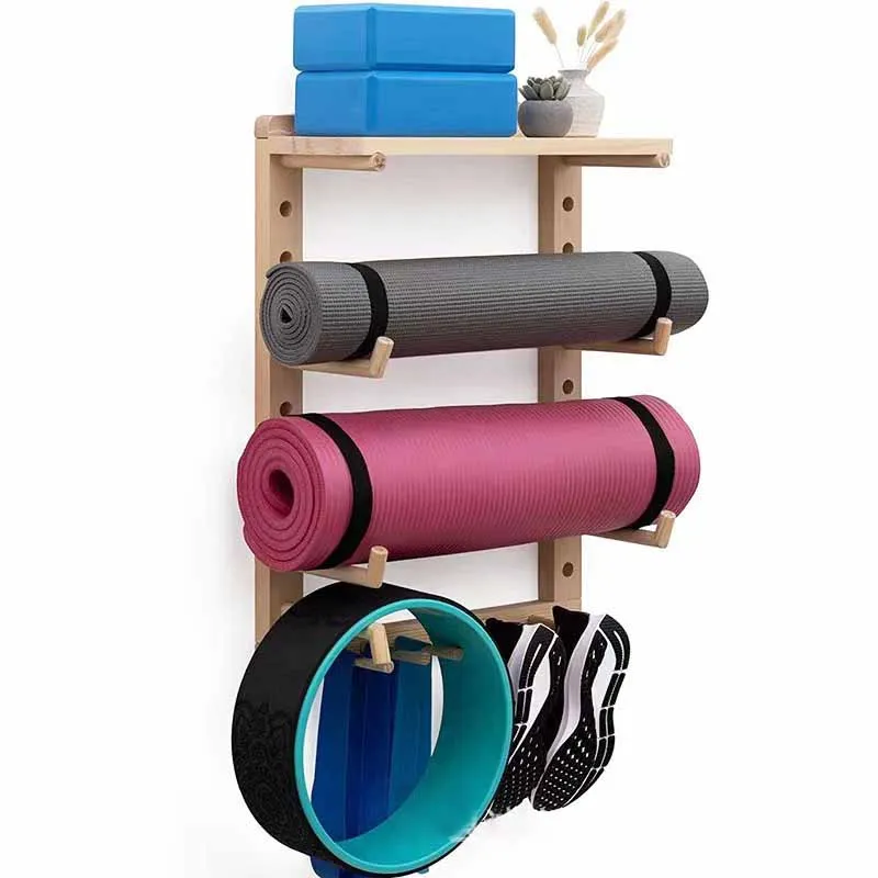 Fully Customizable Yoga Mat Wall Holder Wood Yoga Mat Storage Rack with Shoe Hanger