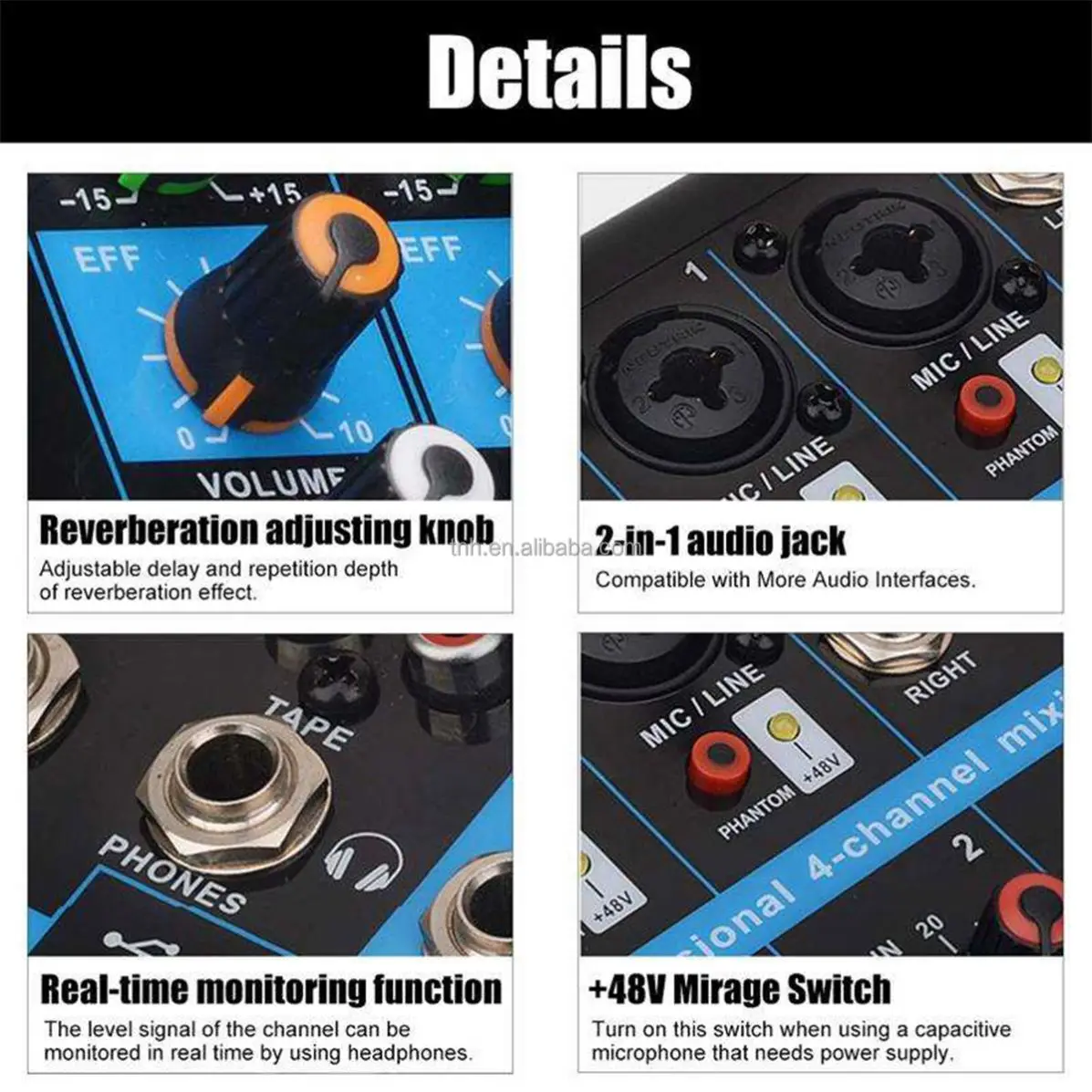 KR-4 4-Channel DJ Audio Mixing Console Support Blueteeth Monitor 48V Power for Karaoke Party Recording Webcasting