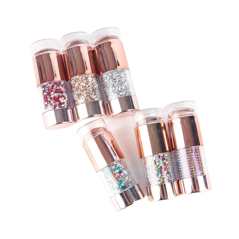Destly Double Head Silicone Stamp Polish Stencil Template Seal Nail Polish Gel Print Transfer Tool with Rhinestone