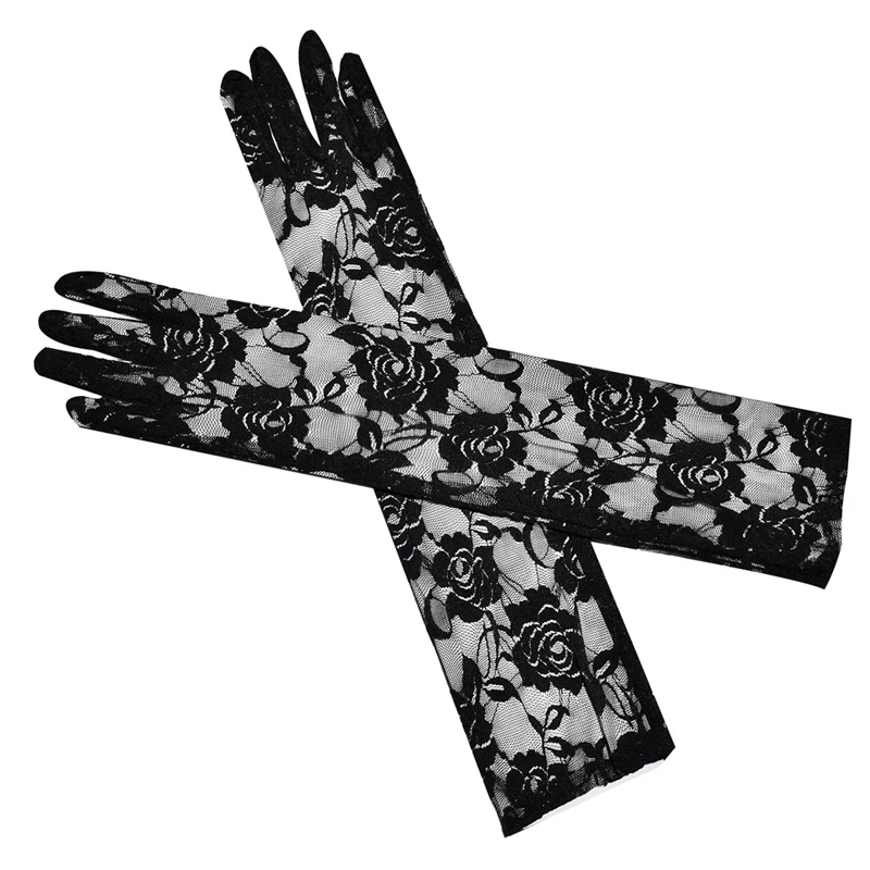 Womens Floral Sexy Lace Flower Gloves Long Opera Full Finger Sun Protection Female Nightclub Arm Costume Elbow Length Gloves