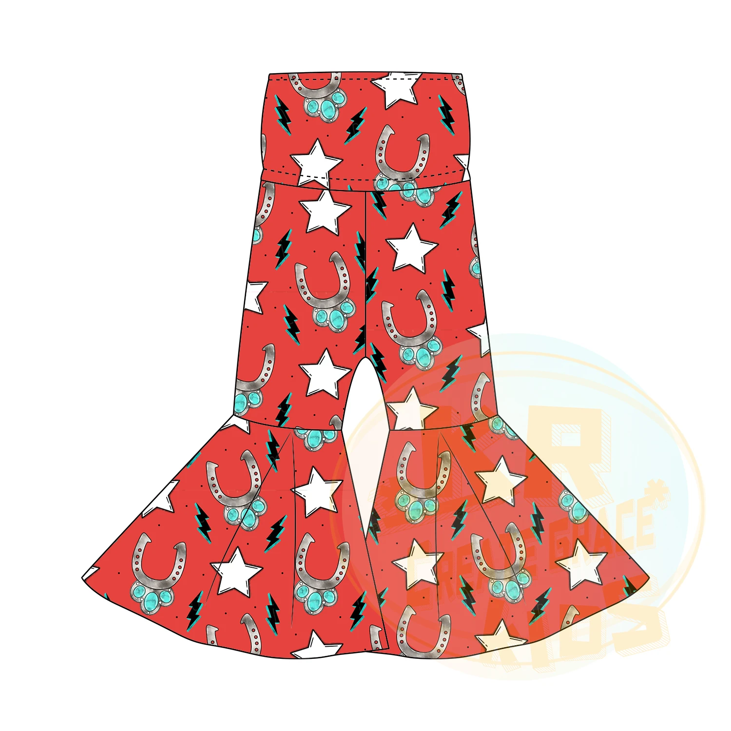 Manufacture Stylish Toddler Clothing Print Horse Poker Skull Star Boots Plaid High Waist Flares Trousers Girls Bell Bottom Pants