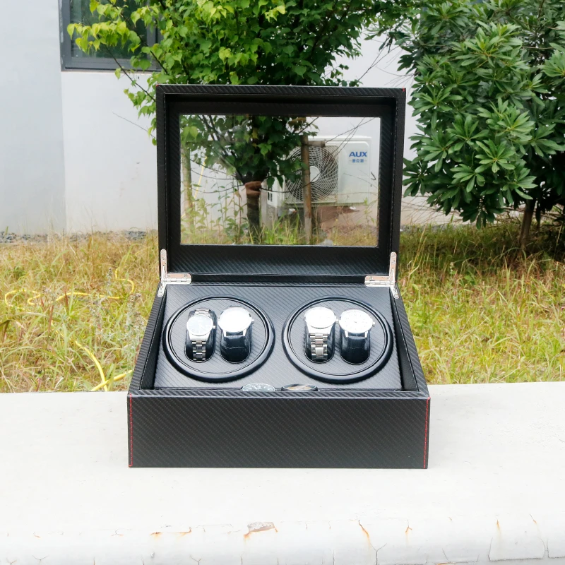 Wholesale Watch Winder 4 Automatic Luxury Black Carbon Fiber Leather Safe 4 Watch Winder Jewelry Box