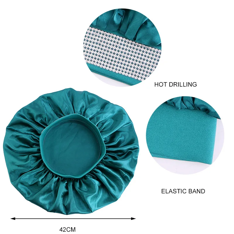 Shiny Rhinestone Satin Hair Bonnet Large Size Silky Bling Diamond Sleep Cap Elastic Wide Brim Jumbo Braid Night Hat