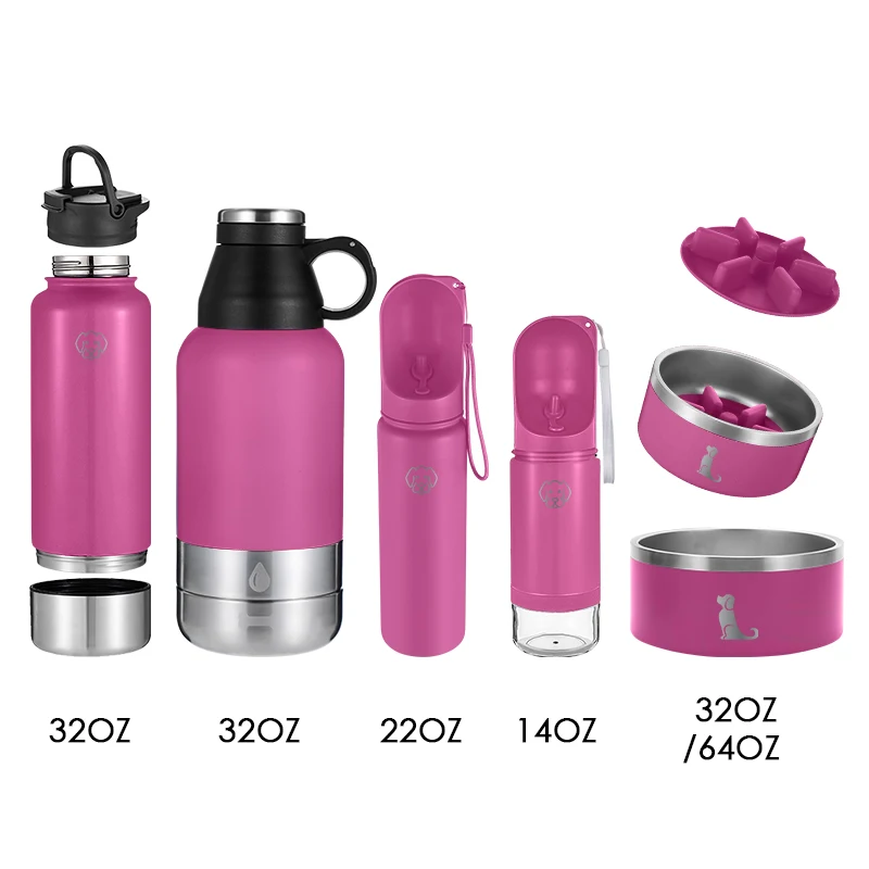 Everich hot selling Pet Outdoor Dog Feeder 32oz Double Wall Vacuum Stainless Steel Travel Water Bottle With Food Storage bowl