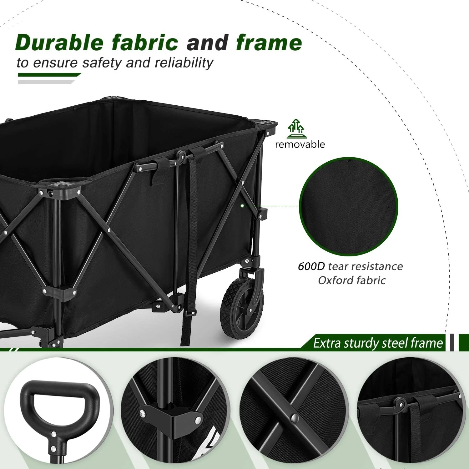 Outdoor Folding Wagon Cart, Portable Large Capacity Beach Wagon, Heavy Duty Utility Collapsible Wagon with All-Terrain Wheels