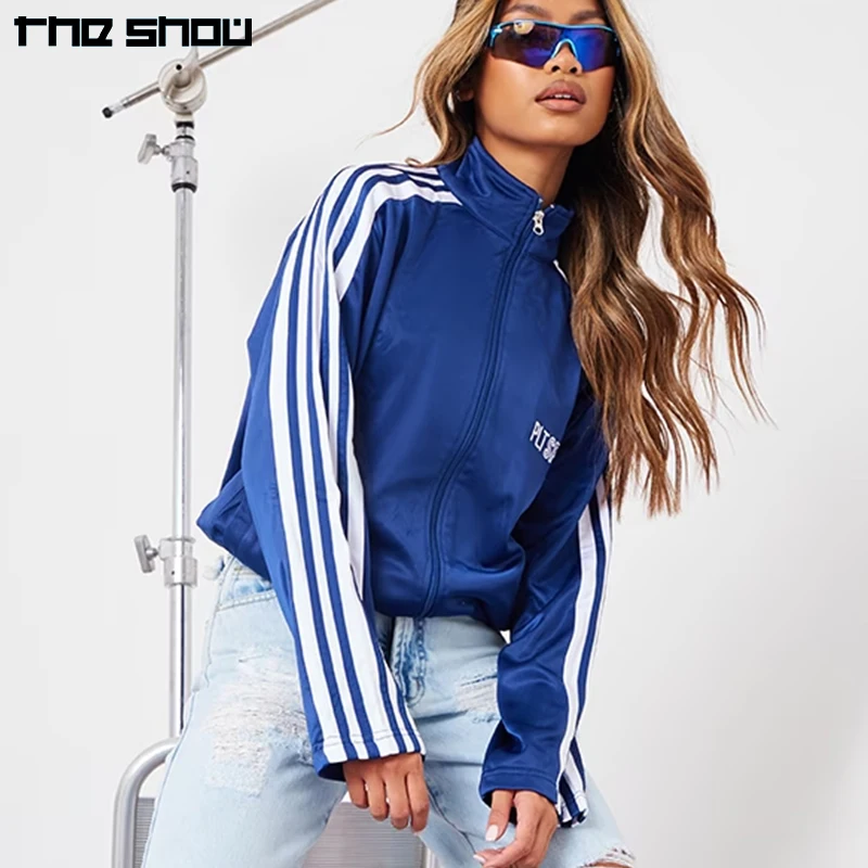 Custom logo zipped jacket with logo embroidery printing Women Jacket Winter Vintage Retro Sportswear Nylon Stripe Track Jacket