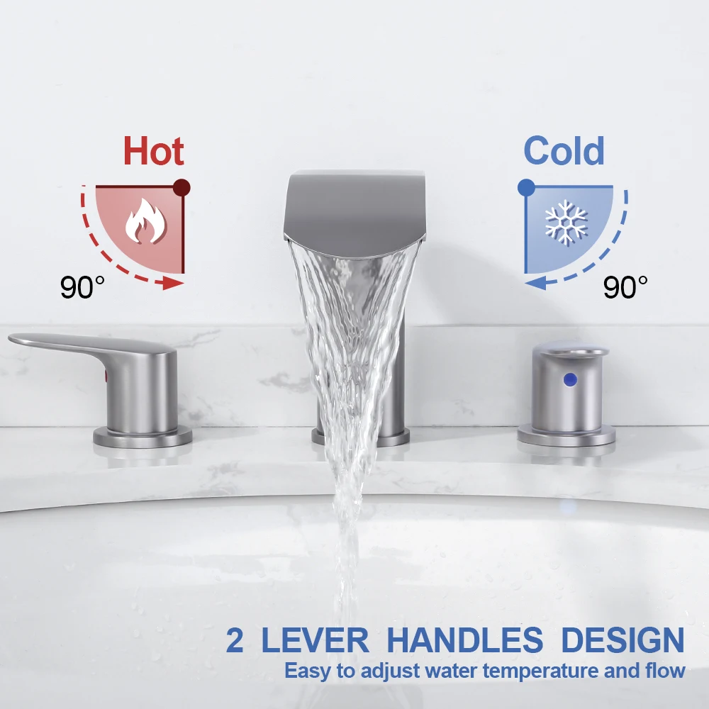 Basin Mixer Taps Two Handles 3 Holes Widespread Bathroom Sink Faucet with Pop-up Drain & Supply Hoses, Waterfall Basin Faucet