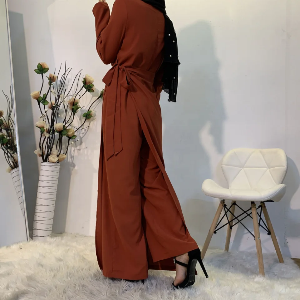 Wholesale Solid Color V-Neck Stitching One Piece Wide Leg Pants Modest Muslim Islamic Suit Jumpsuit Clothing for Women